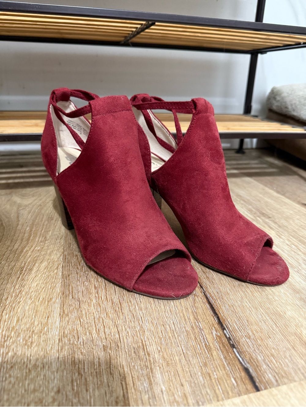 BC Footwear Burgundy Suede Peep-Toe Block Heel Sandals